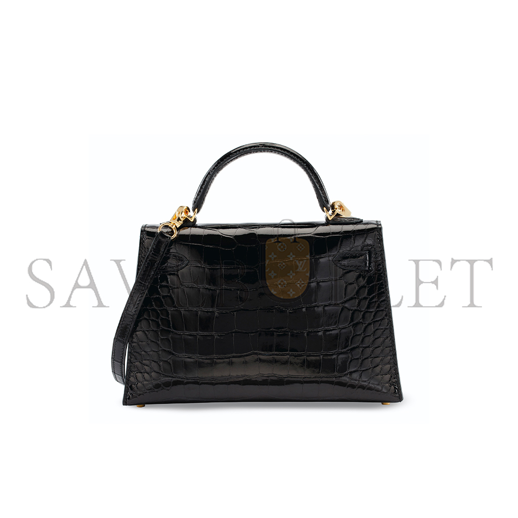 HERMÈS MASTER A SHINY BLACK ALLIGATOR SELLIER MINI KELLY 20 II WITH GOLD HARDWARE (19*12*5.5cm)